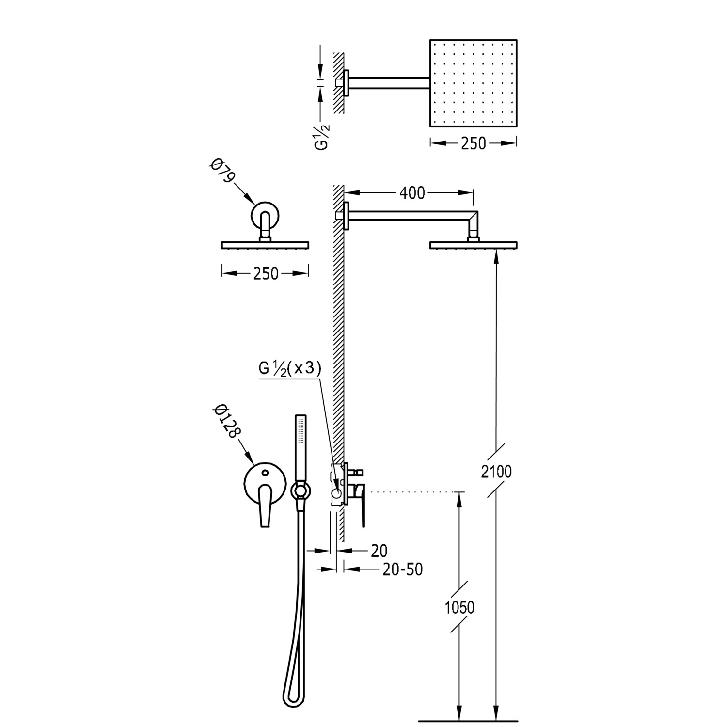 Комплект скрытого смесителя для душа с одной ручкой 2-го класса-20518002 TRES  - Вид №1