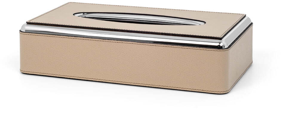Прямоугольная коробка для салфеток - 14X26XH6 см / хромированная металлическая отделка / зерненая кожа_кремовая