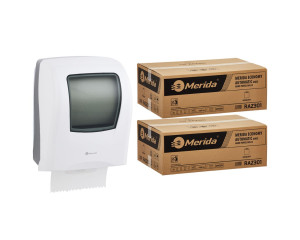 PROMO46 ОДИН белый механический диспенсер для полотенец за 100 злотых нетто при покупке 2 коробок полотенец ECONOMY AUTOMATIC RAZ301 (12 x 250 м = 3000 м, 11 760 листов) Merida