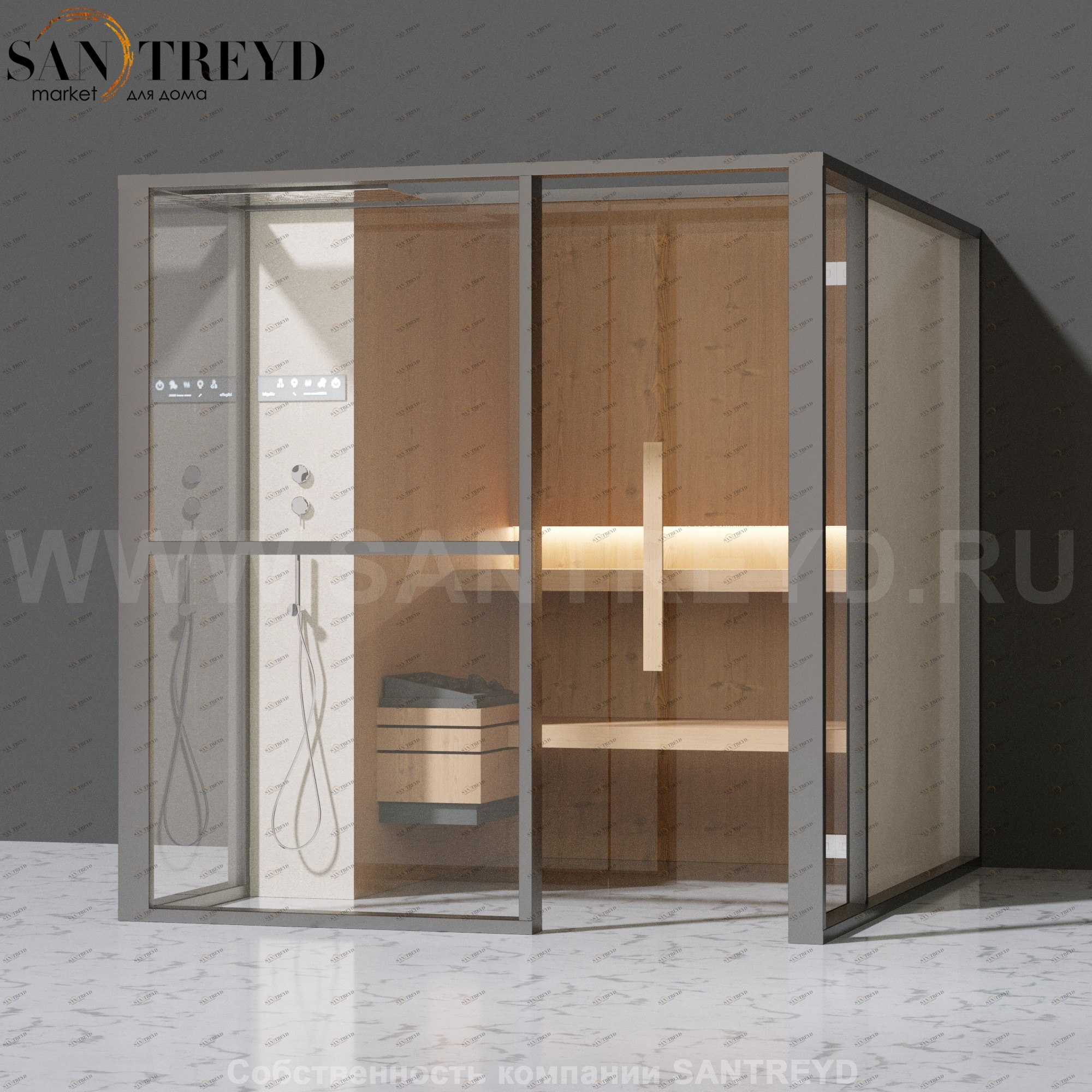 Effegibi LOGICAFILO S LO21010002 Сауна. Установка: к стене. Левая дверь. Мощность: 6 кВт макс. Размеры: длина 214 см, ширина 250 см. Отделка: канадский хемлок, матовый лакированный серый аллюминий и бежевый ламинат из керамогранита.