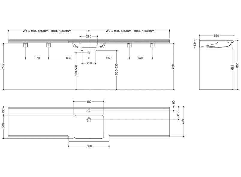 950.13.201S Умывальник различной длины HEWI Waschtische  - Вид №1