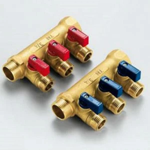 Коллектор НВ 3/4" с кранами под полоскую прокладку, красные ручки TIEMME 3 выхода 1/2"Н 36мм