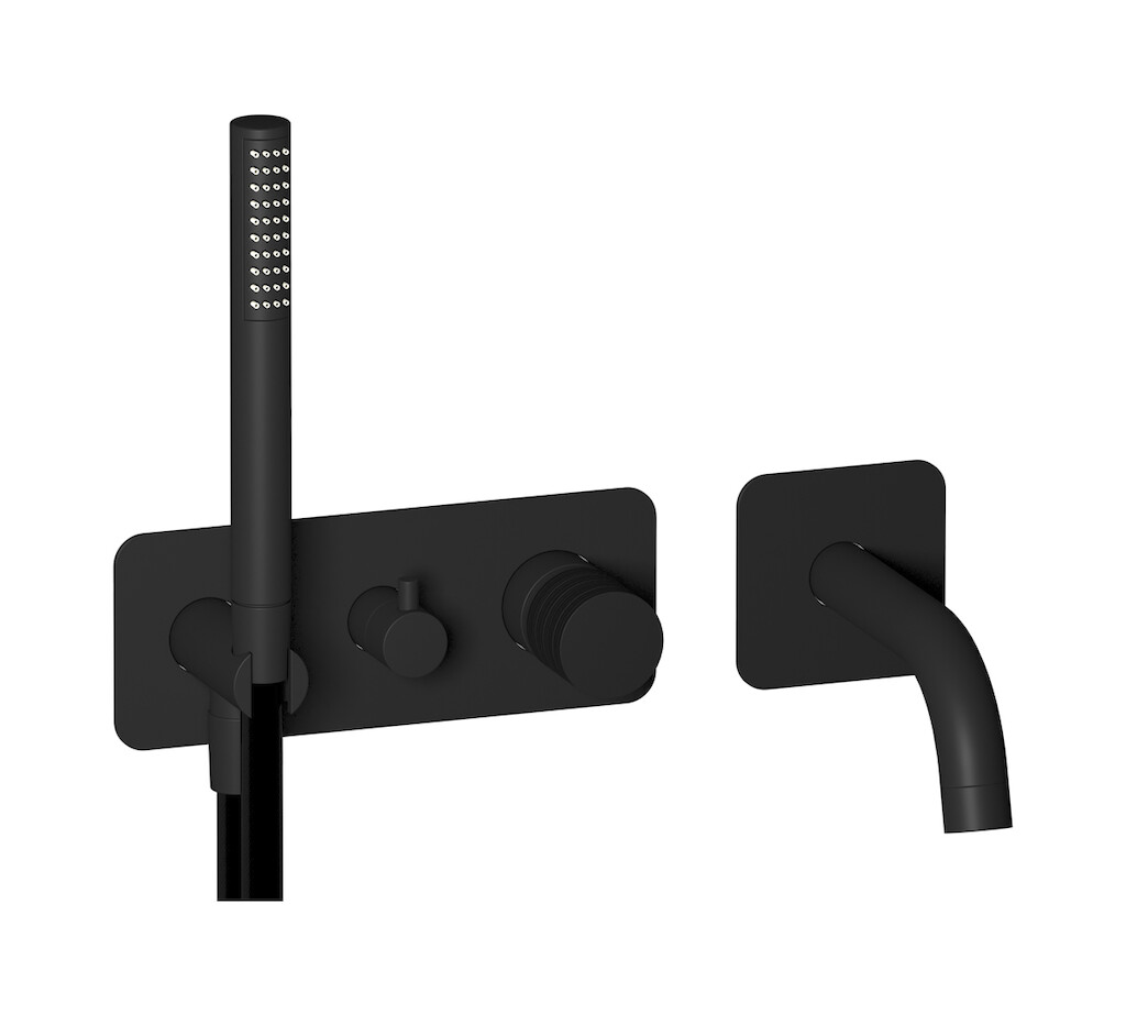 Настенный смеситель для ванной на дивертером и душевым гарнитуром. WE ARE IB vn200sr Matt Black Vinile
