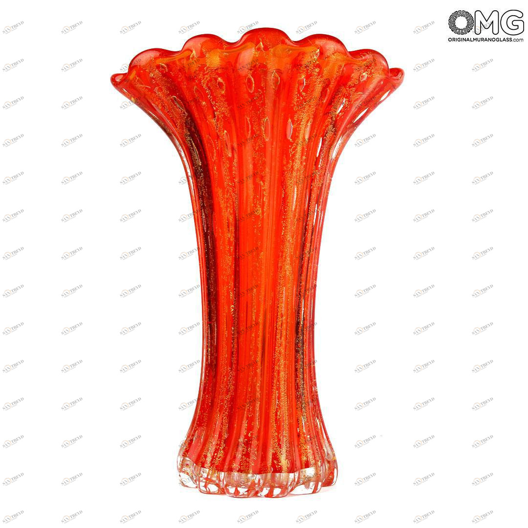 3866 ORIGINALMURANOGLASS Ваза Красная с золотом - муранское стекло OMG 28 см 