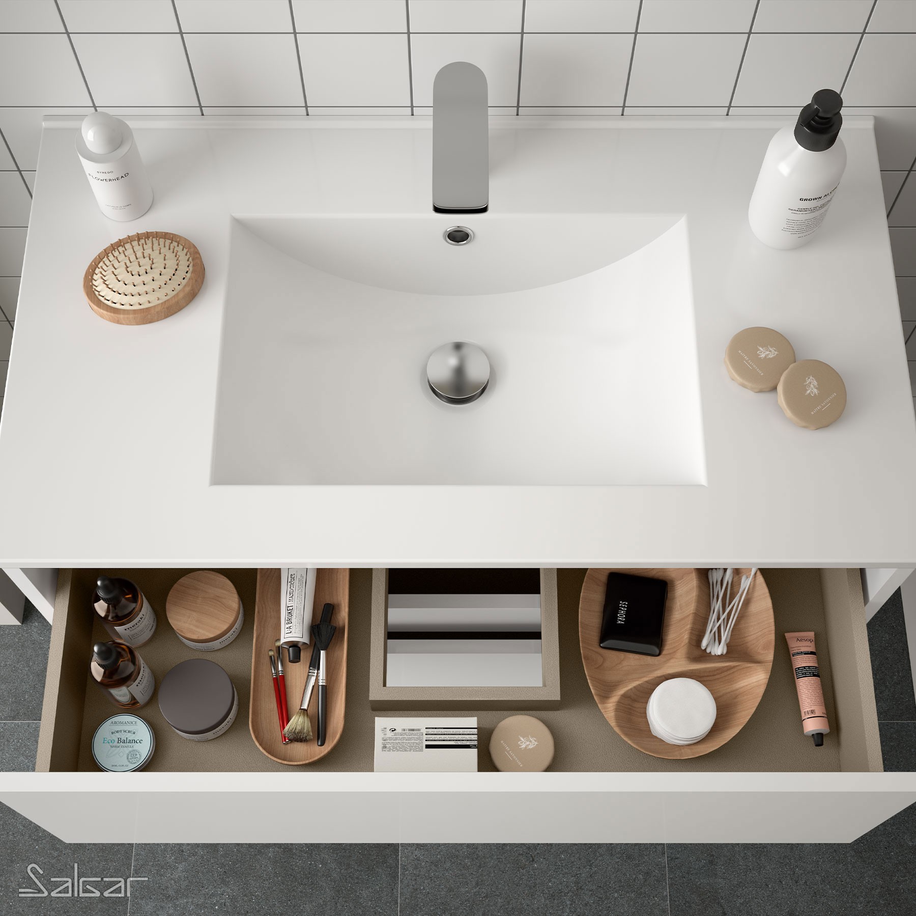 85032 SALGAR Комплект мебели для ванной NOJA 700 WHITE GLOSS LACQUERED + Раковина + Зеркало + Свет Глянцевый белый - Вид №1