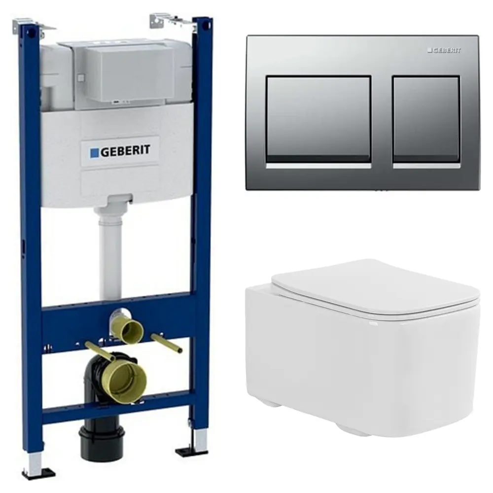 Комплект инсталляции Geberit Alpha с безободковым унитазом Aquatek Квадро клавиша Geberit Alpha хром STLM-2044819