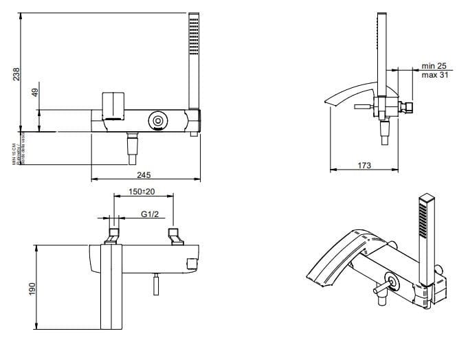 Однорычажный настенный смеситель для ванны с ручным душем Rubinetterie Treemme Archè ARCH-00137873 - Вид №2