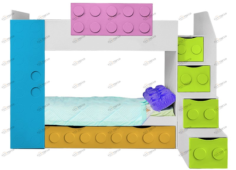 Кровать подростковая двухъярусная с дополнительным спальным местом правая "Леголенд" МАНДАРИН ЛЕГОЛЕНД 178718 Разноцветный;белый;розовый Santreyd 