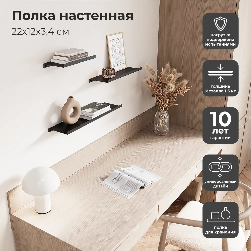 Настенная полка 22x12 см металл цвет черный KONSENSA STLM-2192732 - Вид №10