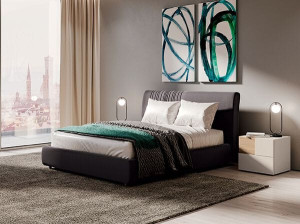 Двуспальная кровать из ткани с мягким изголовьем