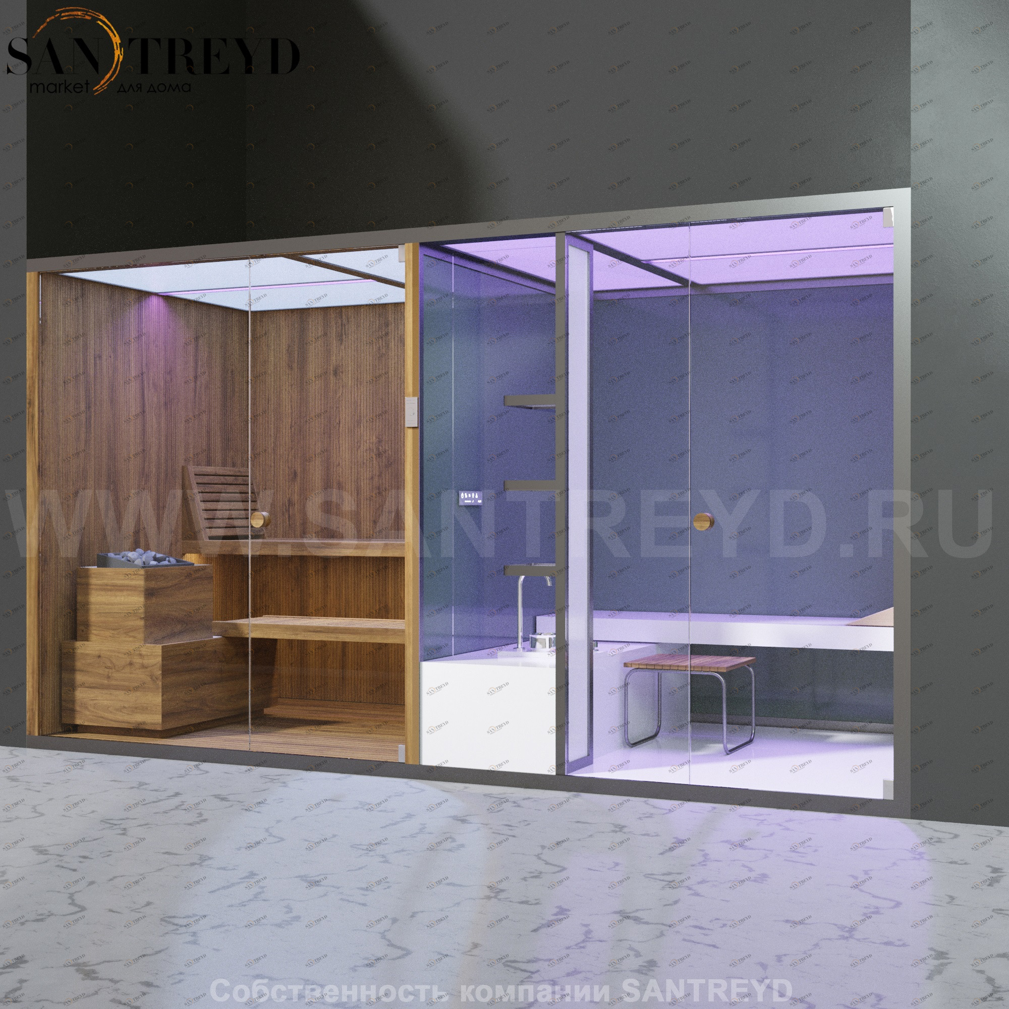 Effegibi BODYLOVE SH BL40230001 Фронтальная комбинированная баня: хаммам и сауна. Установка: в нишу. Мощность: 15 кВт макс. Размеры: длина 393 см, ширина 176 см. Отделка: термообработанная древесина и гладкое стекло.