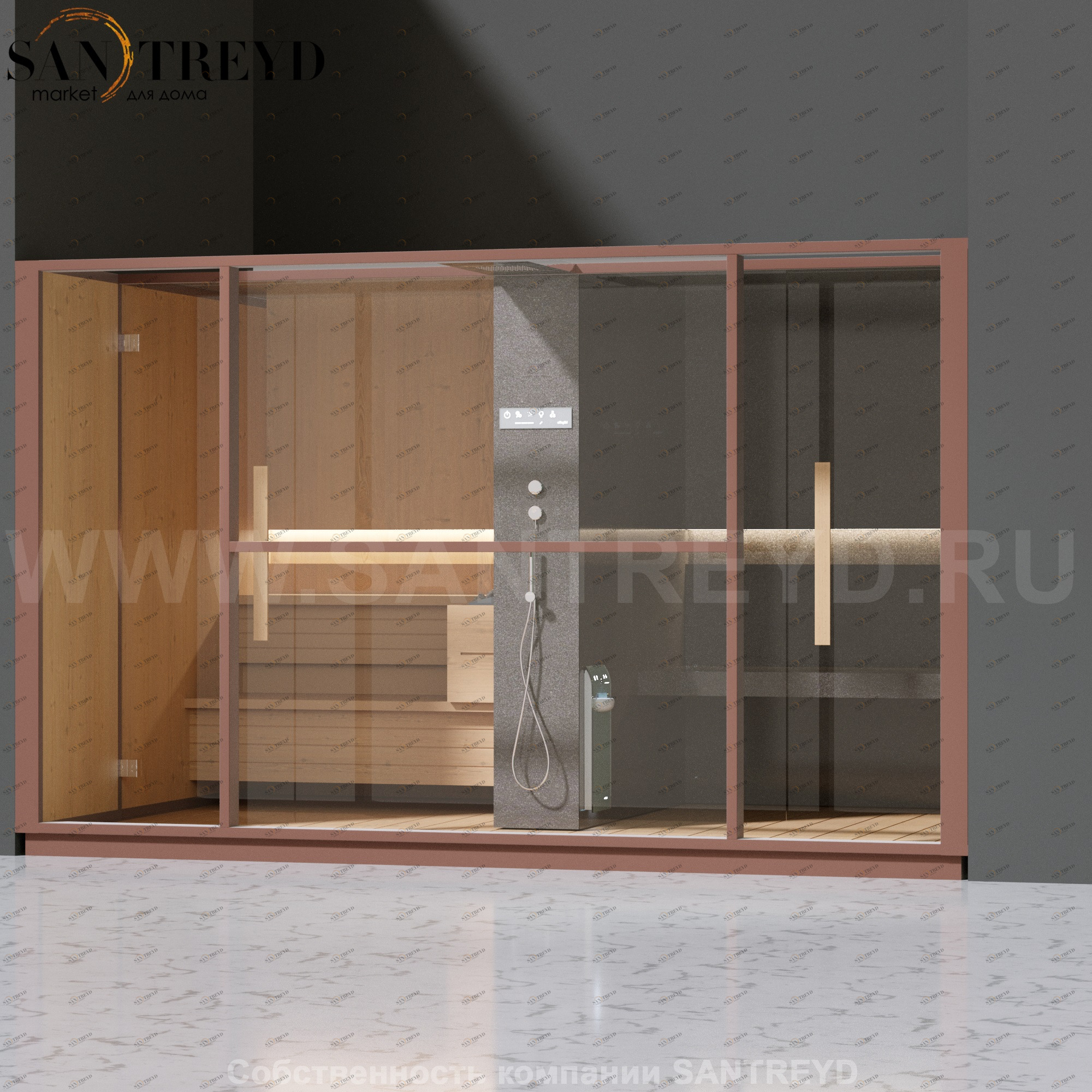 Effegibi LOGICA LO10030006 Комбинированная баня: хаммам и сауна. Установка: в нишу. Мощность: 10,5 кВт макс. Размеры: длина 373 см, ширина 250 см. Отделка: канадский хемлок, матовый лакированный коричневый аллюминий и темный ламинат из керамогранита.