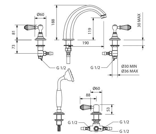 Набор для ванны с 5 отверстиями и ручным душем Park Avenue Beatrice ARCH-00042792