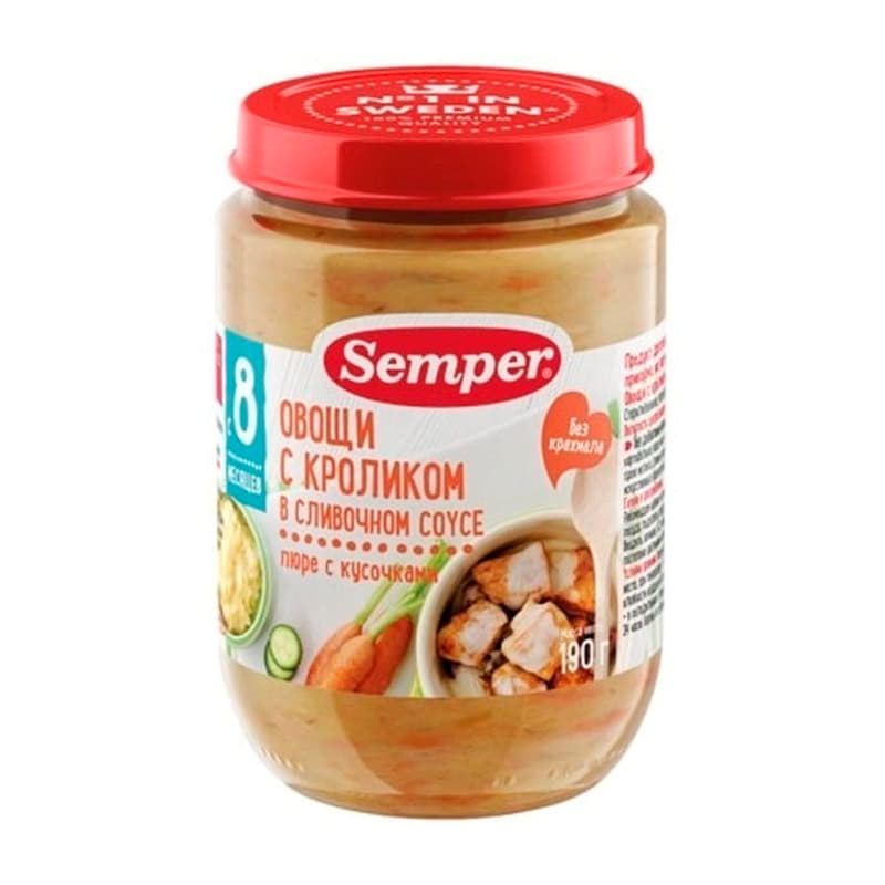 Пюре Овощи с кроликом в сливочном соусе с 8 месяцев Semper 190 г Santreyd 15737
