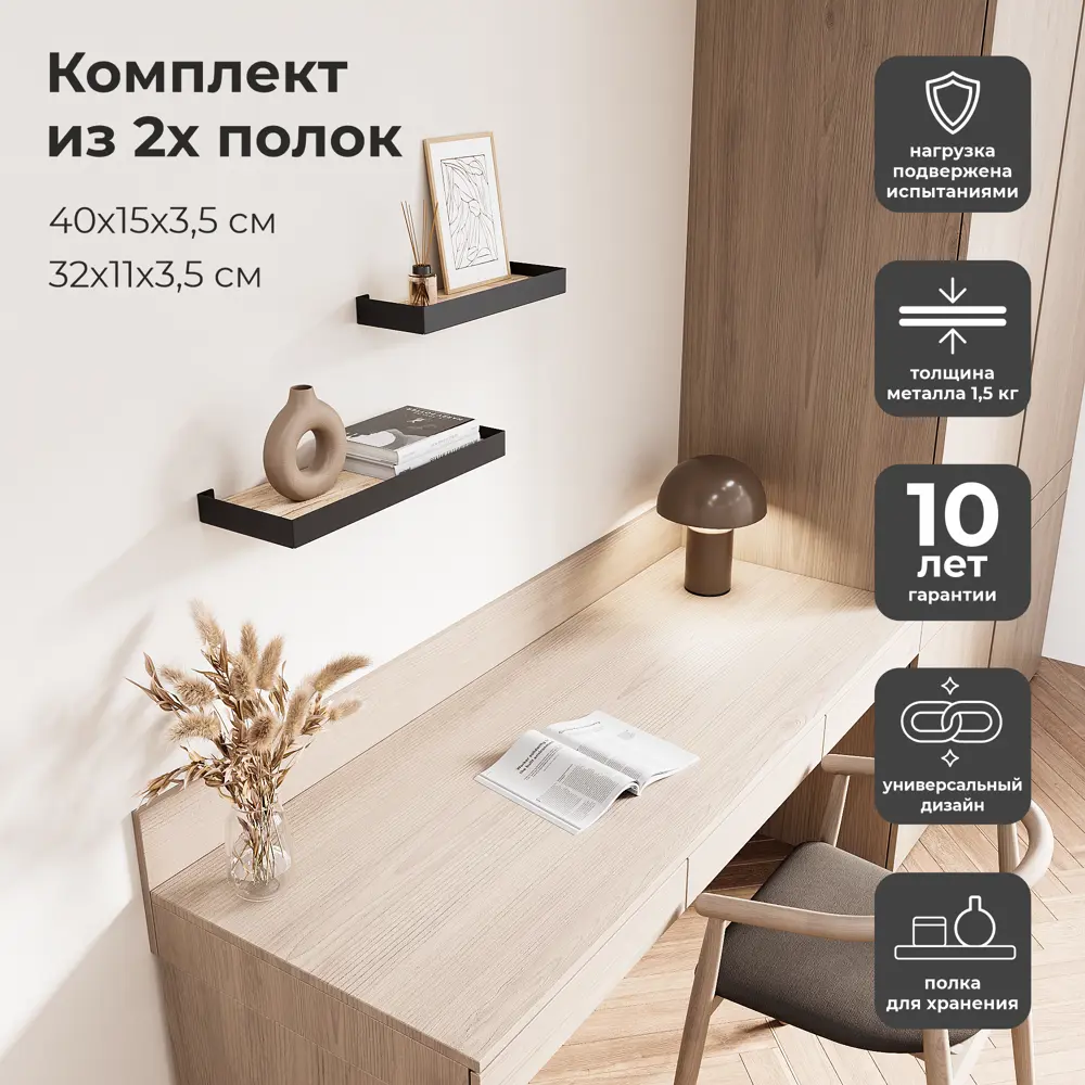 Настенная полка 32x11/40x15 см металл цвет черный KONSENSA STLM-2053833 - Вид №8