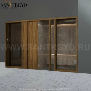 Effegibi YOKU.D SH YO.20320002 Комбинированная баня: хаммам и сауна. Установка: в правый угол. Мощность: 10,5 кВт макс. Размеры: длина 342 см, ширина 170 см. Отделка: чёрный орех и темный керамогранит