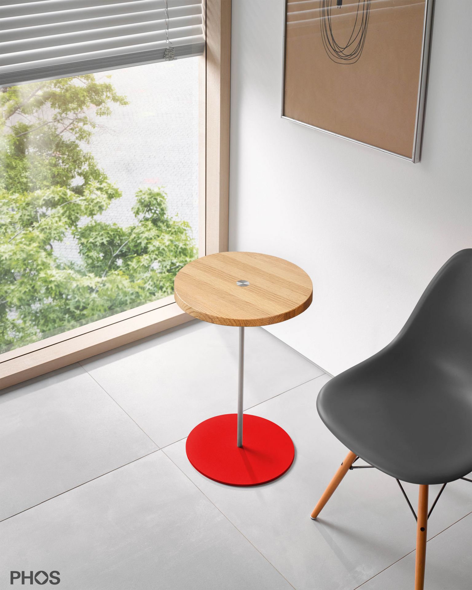 BT600-Eiche-BPR Приставной столик, высота 60 см, столешница из дуба, основание красное PHOS  - Вид №1