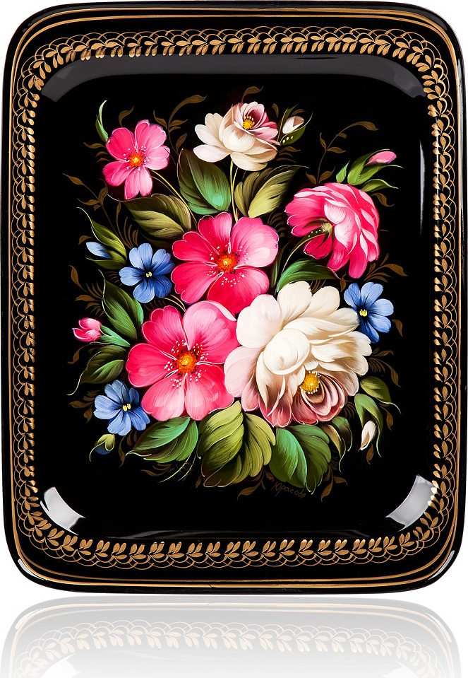 10618043 Жостовская фабрика декоративной росписи Поднос 33х26см НХПР " Цветы" Сталь 