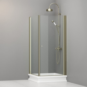9147T1 Душевая кабина SX с распашной дверью и фиксированной боковой частью для душевого поддона 90x90 квадрат, цвет Золотистый Kerasan RETRO Италия