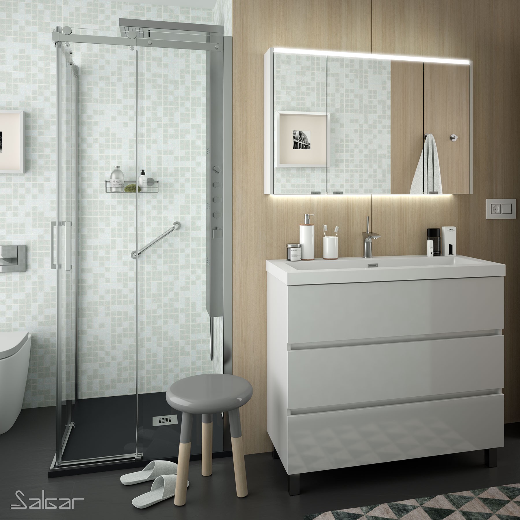 83185 SALGAR Шкаф ALLIANCE 1000 GLOSS WHITE 3 двойных зеркальных дверцы с мягким закрыванием, выключателем и вилкой, верхний / нижний светодиодный светильник IP44 (25Вт) 1030 x 666 x 150 мм Зеркало  - Вид №3