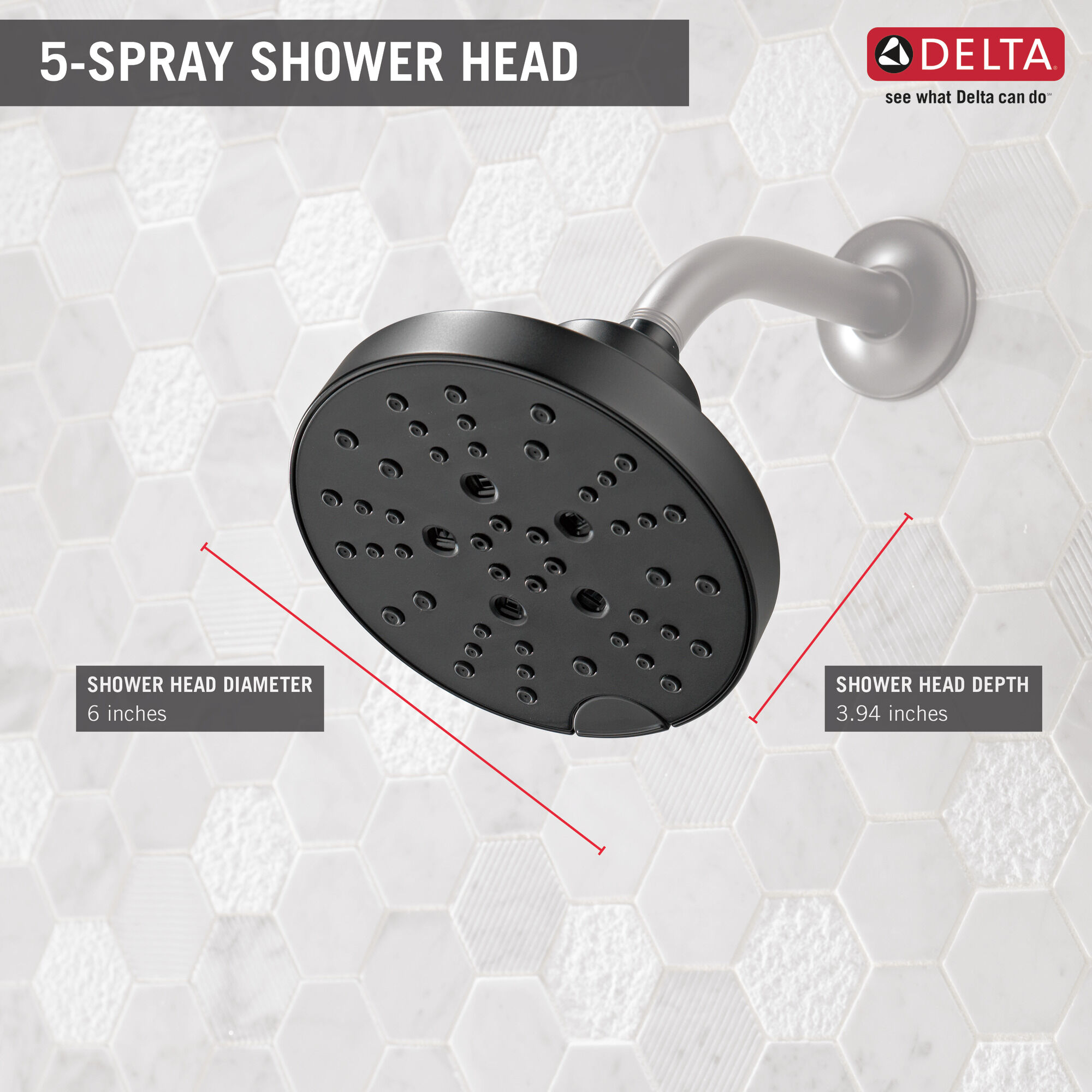 52668-BL H2Okinetic® Современная душевая лейка Raincan с 5 настройками Delta Faucet Universal Showering Матовый черный  - Вид №2