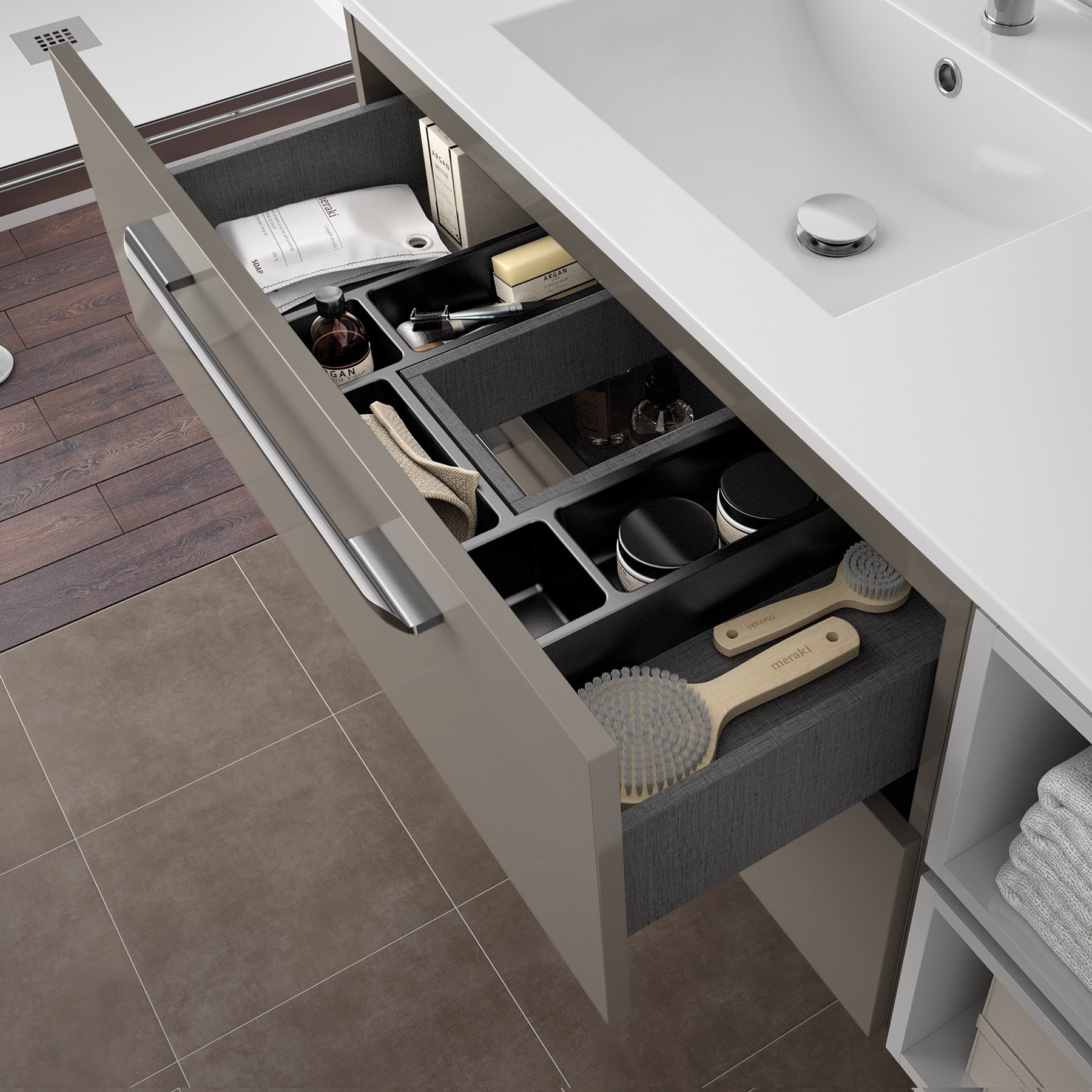 26812 SALGAR Мебель для умывальника FUSSION CHROME 800 2 ящика GLOSS TAUPE 797 x 540 x 450 мм Глянцево-серо-коричневый - Вид №4