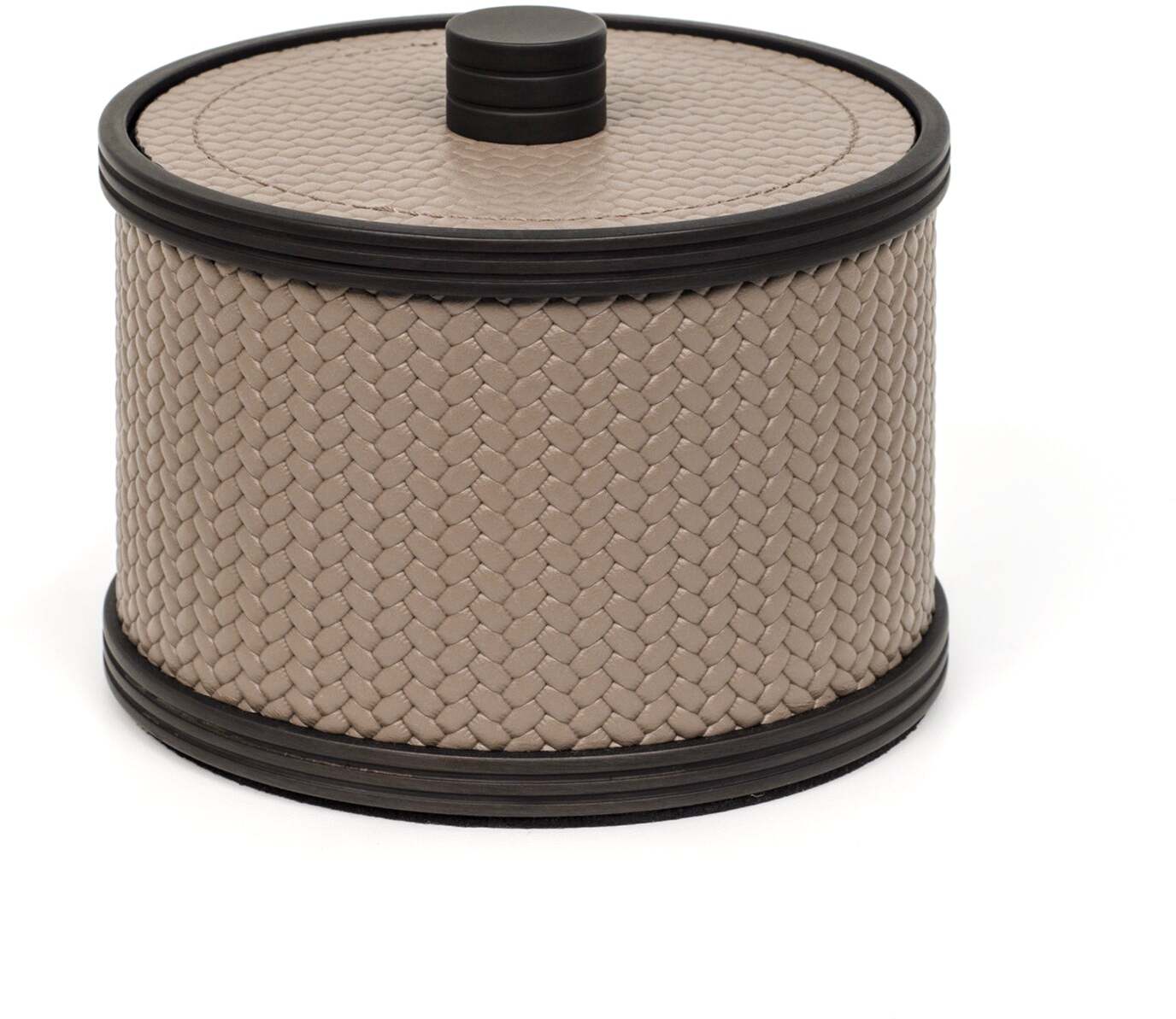 Держатель для ватных дисков Carol - Ø 11,5XH8 см / металлическая отделка_сатинированная латунь / плетеная кожа_светло-серый