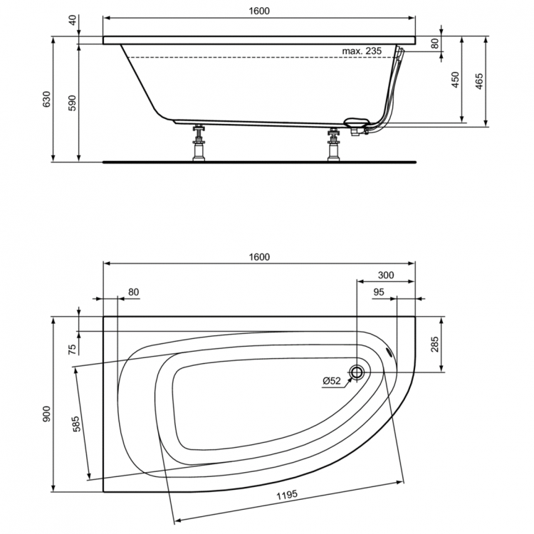 K275801 Асимметричная ванна 160х90 см Ideal Standard HOTLINE - Вид №1