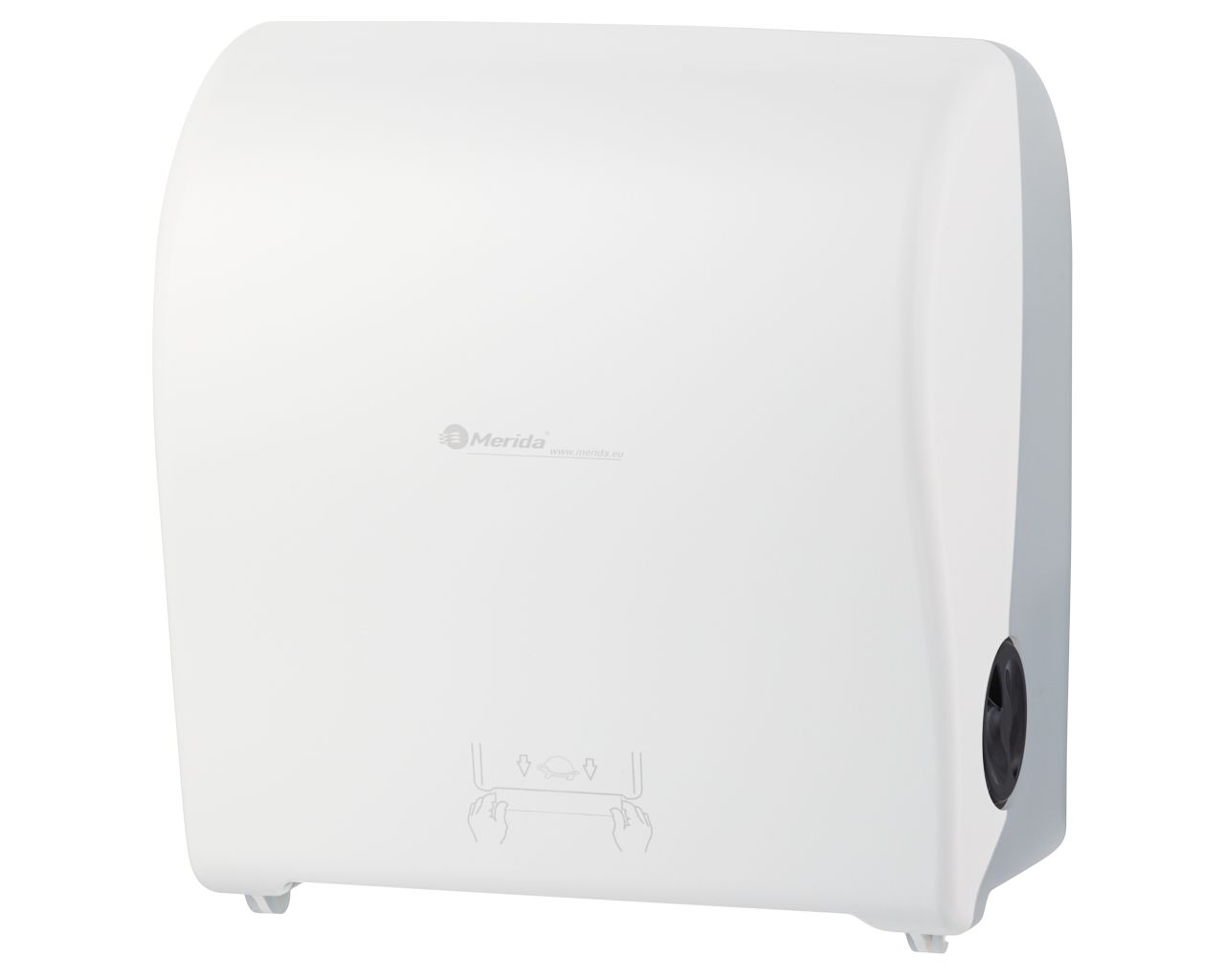 CJB302 Механический диспенсер для бумажных полотенец в рулонах SOLID CUT AUTOMATIC MAXI, АБС-пластик, полностью белая передняя часть - матовая, прозрачная светлая задняя часть - матовая Merida  - Вид №2