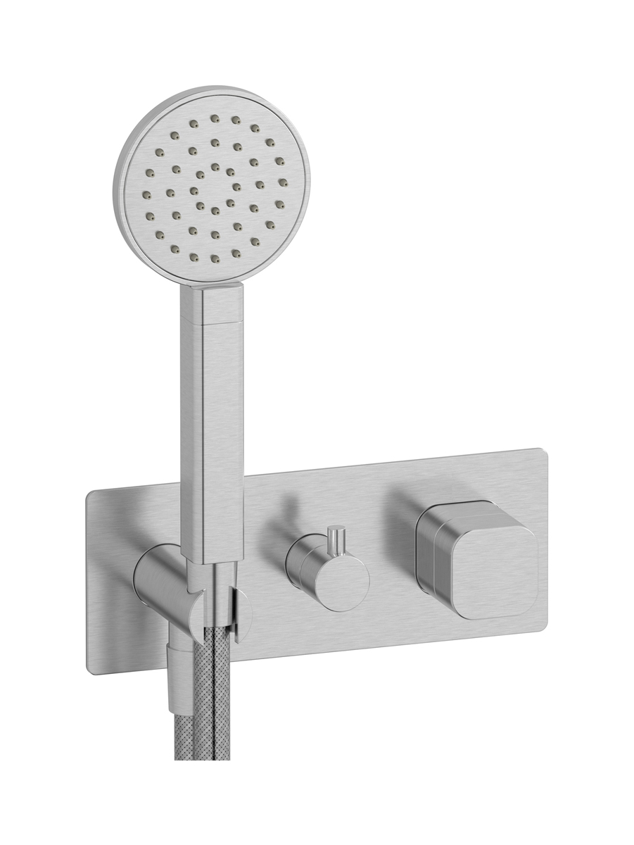 Прогрессивный настенный смеситель для душа на 2 потребителя со встроенным душевым гарнитуром. WE ARE IB eo313ss_1 Brushed Nickel Elio