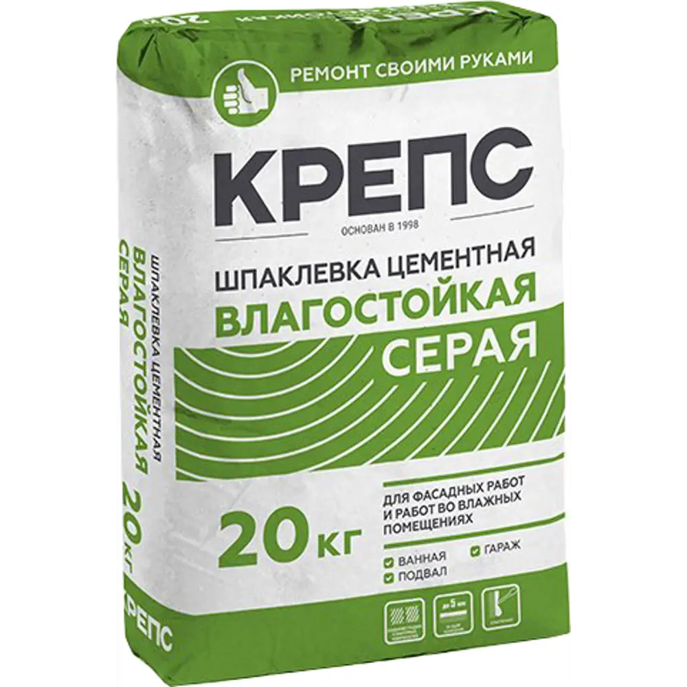 Шпаклёвка цементная влагостойкая Крепс 20 кг серая Влагостойкая серая STLM-2167582