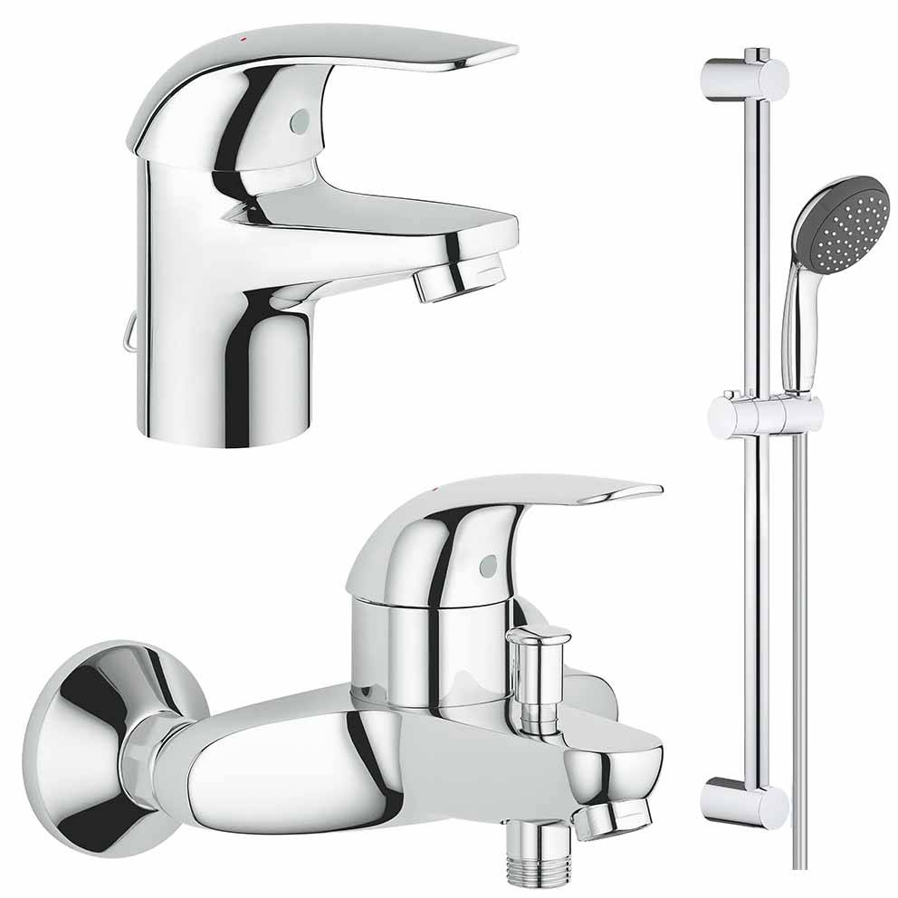 Готовый набор для ванной комнаты GROHE Eco Swift (смеситель для раковины, смеситель для ванны и душевой гарнитур), хром (125054) Spare Parts