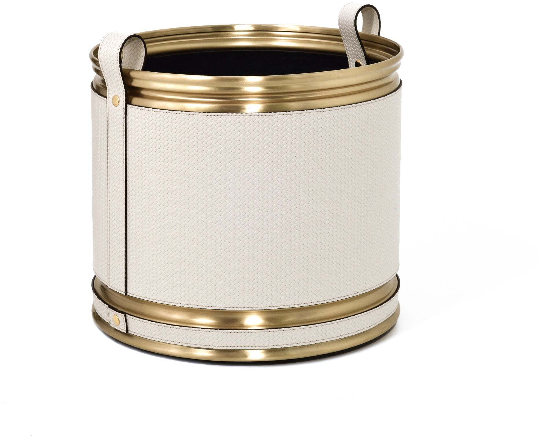 Кашпо - Ø 30,5XH27,5 см / металл-отделка_вороненая латунь / плетеная кожа_темно-серый