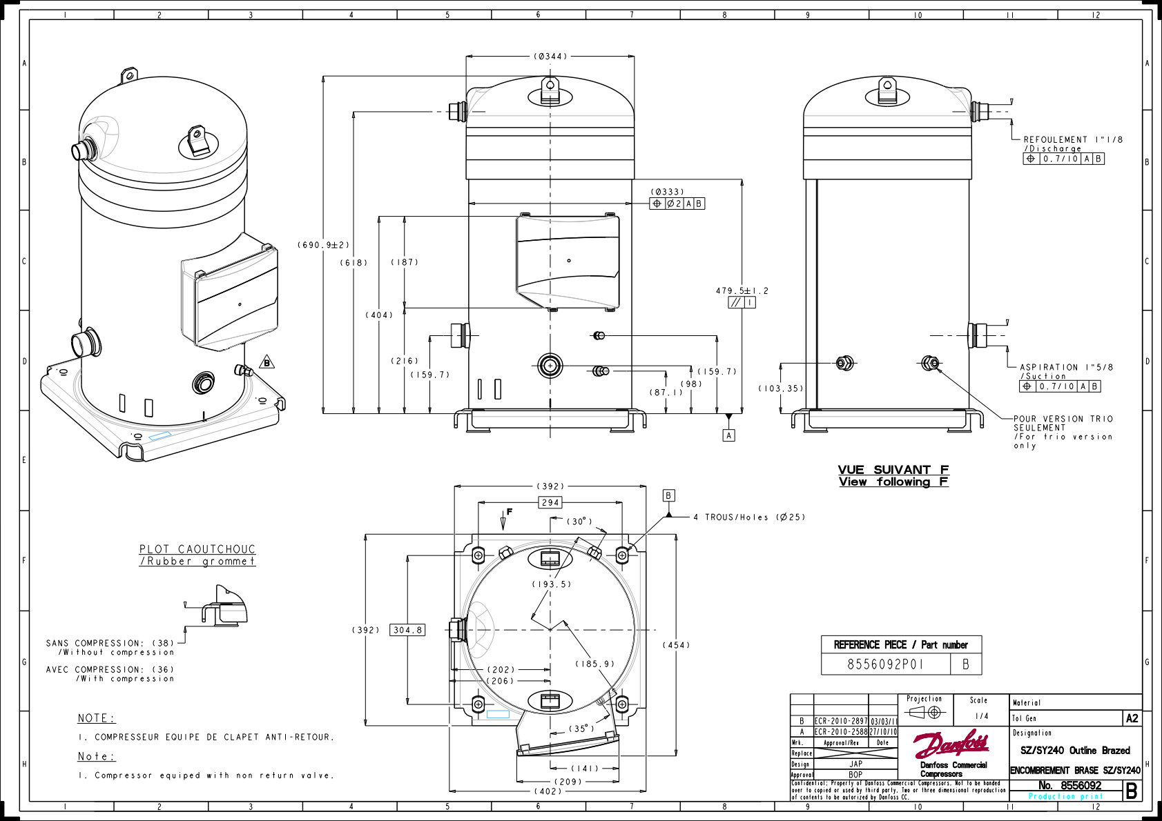 Danfoss SY — Герметичные спиральные компрессоры, R22, R134a, R407C SY185-4RI Компрессор спиральный SY185-4RI  - Вид №15