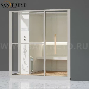 Effegibi LOGICA H LO30020008 Хаммам. Установка: в правый угол. Левая дверь. Мощность: 4,5 кВт макс. Размеры: длина 214 см, ширина 250 см. Отделка: матовый лакированный белый аллюминий и серый ламинат из керамогранита.