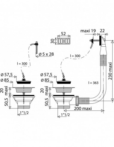 865400 000 00  Сифон для раковины, 2 чаши с цепным ограничителем и переливом, Д. 60 мм, зажим 0/20 мм, NF, хромированный Valentin Сталь  - Вид №2