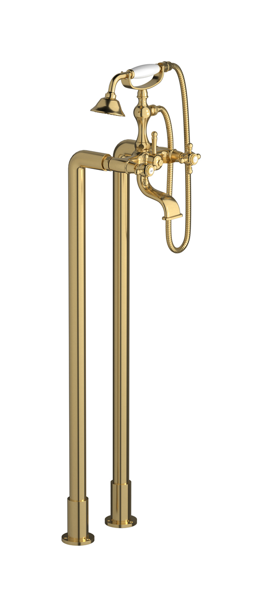 Напольный смеситель для ванны с 2 колоннами и душевым гарнитуром. WE ARE IB hr700os Brushed Gold Hermes