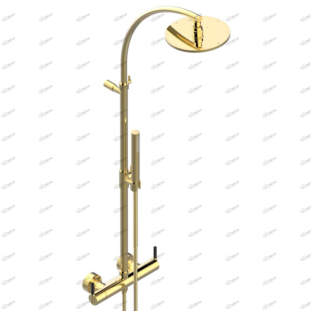 G5D-6529CD Смеситель термостатический для душа настенного монтажа 1/2" с душевой колонной, верхним душем Ø 200 мм, ручным душем и шлангом Thg-paris Anoa с чёрными роговыми вставками Золото G5D 6529CD CAT.F