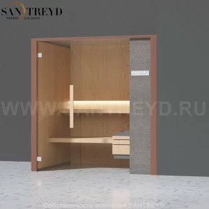Effegibi ONEFILO S LO51030007 Сауна. Установка: в правый угол. Правая дверь. Мощность: 4,5 кВт макс. Размеры: длина 214 см, ширина 171 см. Отделка: матовый лакированный коричневый аллюминий и темный ламинат из керамогранита.