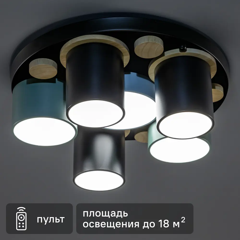 Люстра потолочная светодиодная Ritter Scandia 52075 7 с д/у 54 Вт 18 м² 2700К-6500К цвет черный/зеленый/голубой/дерево STLM-2187092