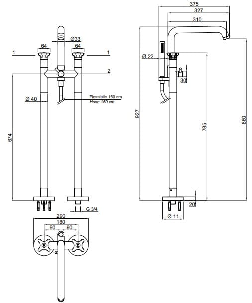 Напольный смеситель для ванны с ручным душем Antoniolupi штамп ARCH-00110783 - Вид №2