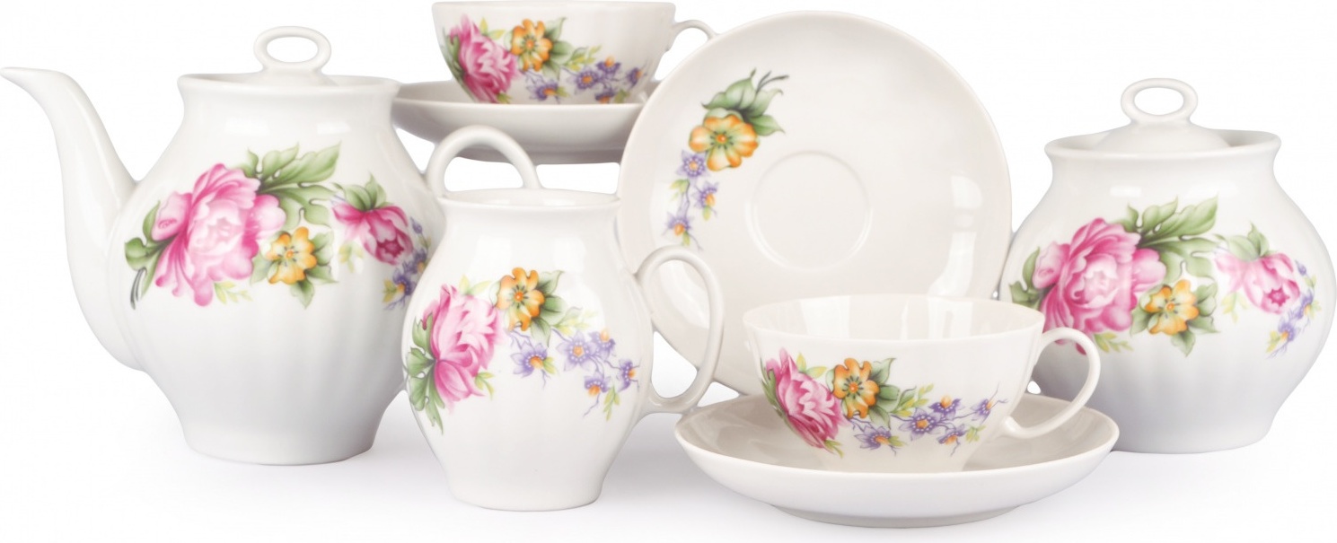 10631333 Дулевский фарфор Сервиз чайный 6/15 "Белый лебедь" "Пивония" Фарфор 