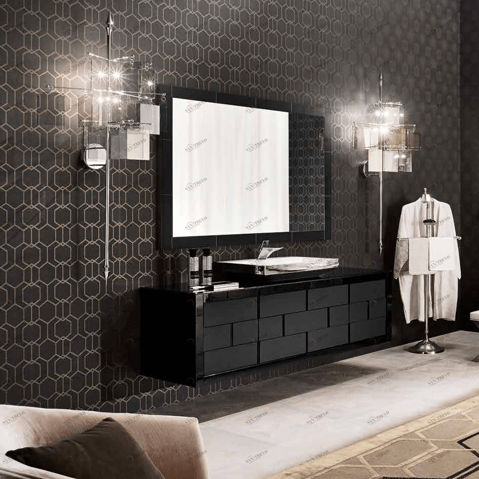 Комбинация ванной комнаты R03 в отделке VETRO extrachiaro nero MILLDUE RITZ RITZ03