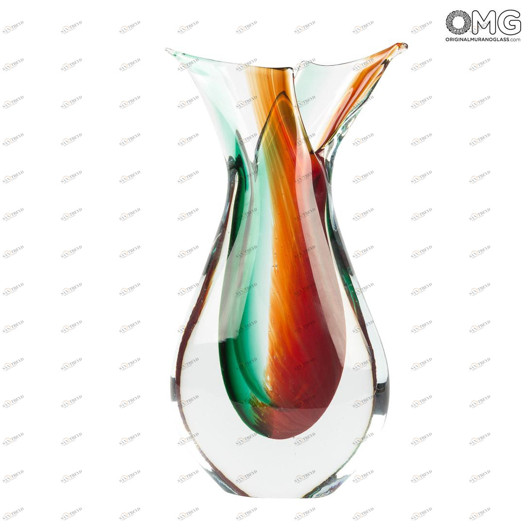 2893 ORIGINALMURANOGLASS Ваза Рыба - красно-зелёная - соммерсо - Original Murano Glass OMG 12 см 
