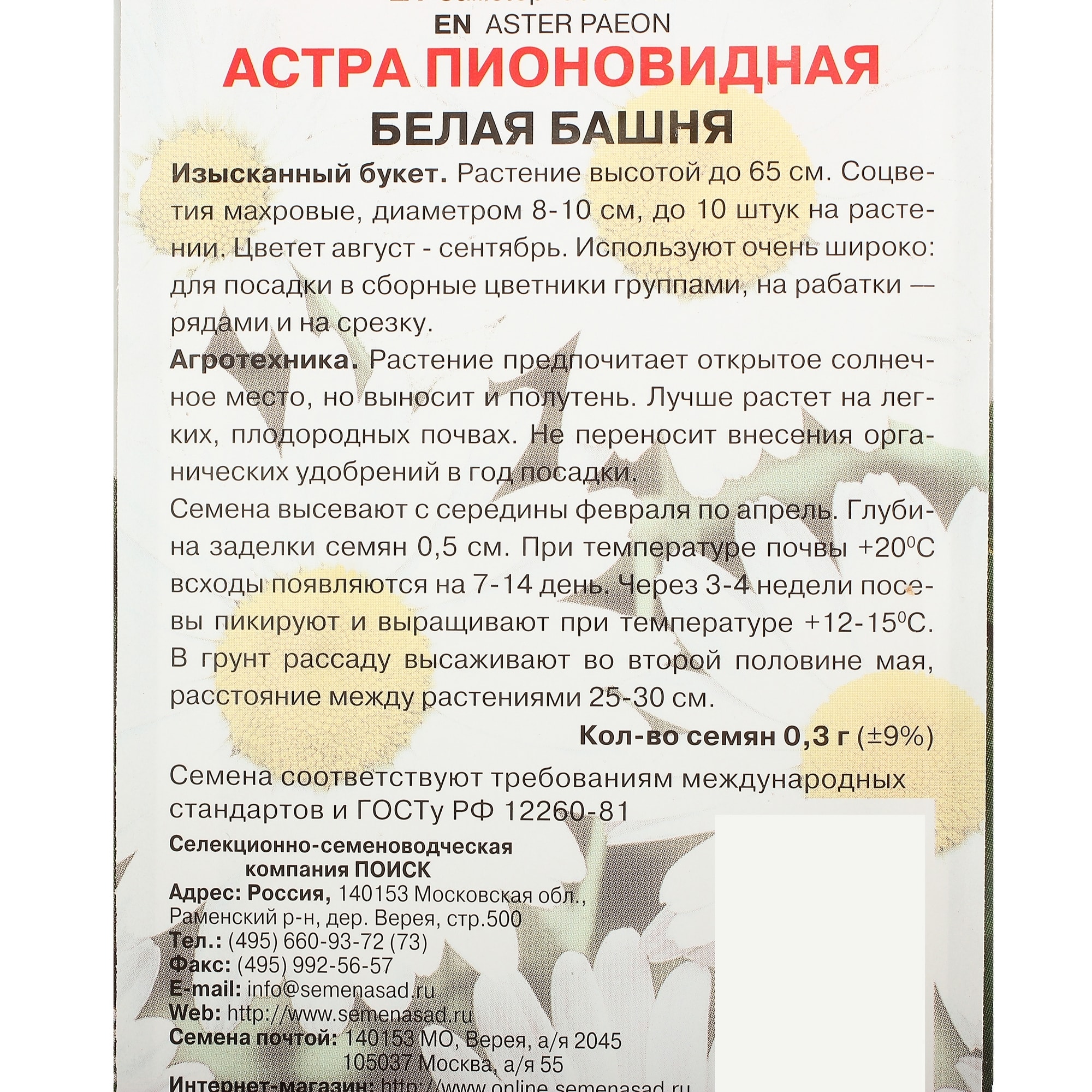 17229485 Астра пионовидная «Белая башня» Santreyd  - Вид №2