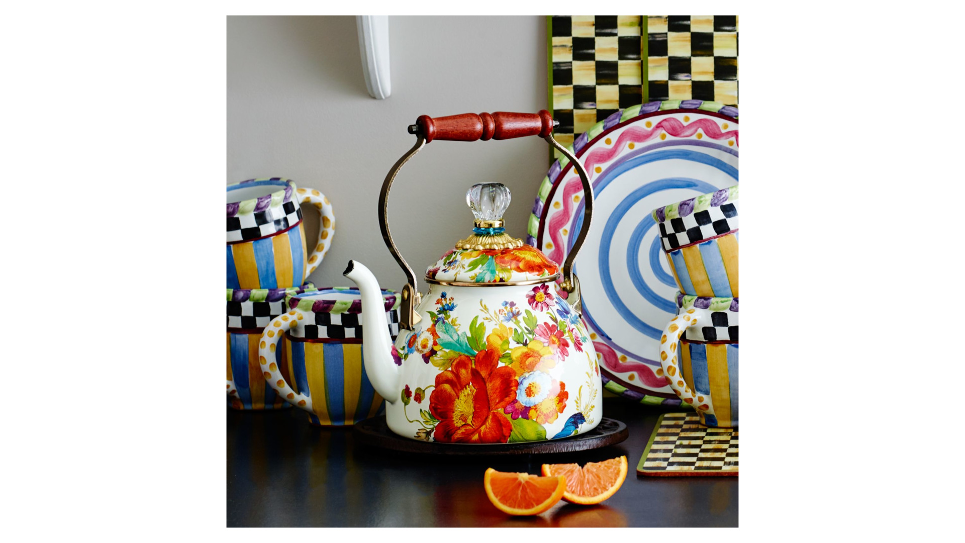 10654487 Mackenzie-Childs Чайник 2л (белый) Flower Market Сталь  - Вид №1