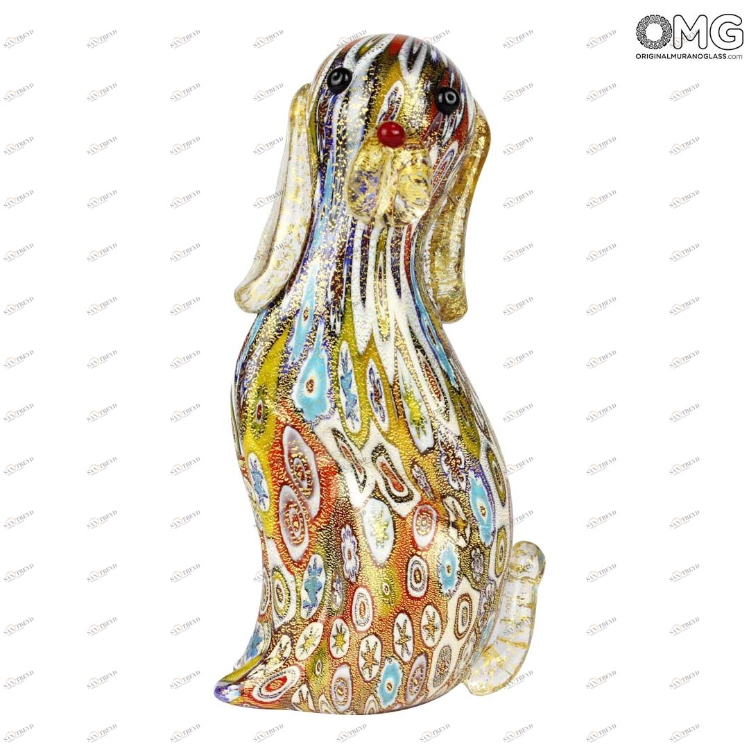 1417 ORIGINALMURANOGLASS Фигурка собаки Миллефиори Муррины золото - Cane Millefiori Oro - муранское стекло  см 