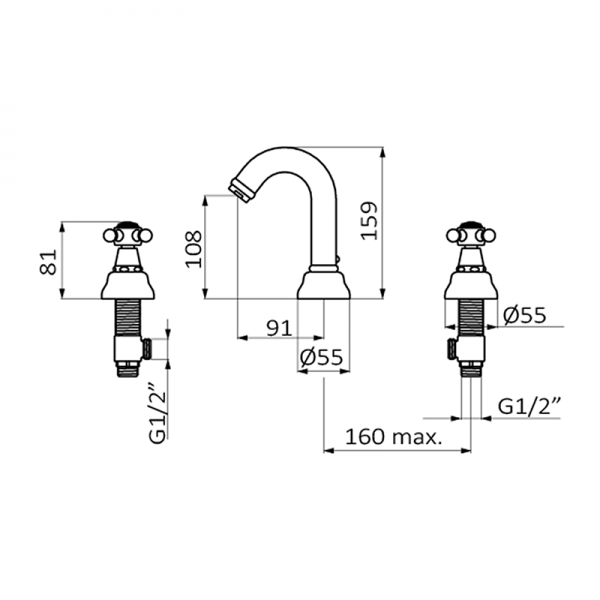 226190 PREMIUM Chrome +1866 три отверстия Умывальник Хром GRB MIXERS  - Вид №1