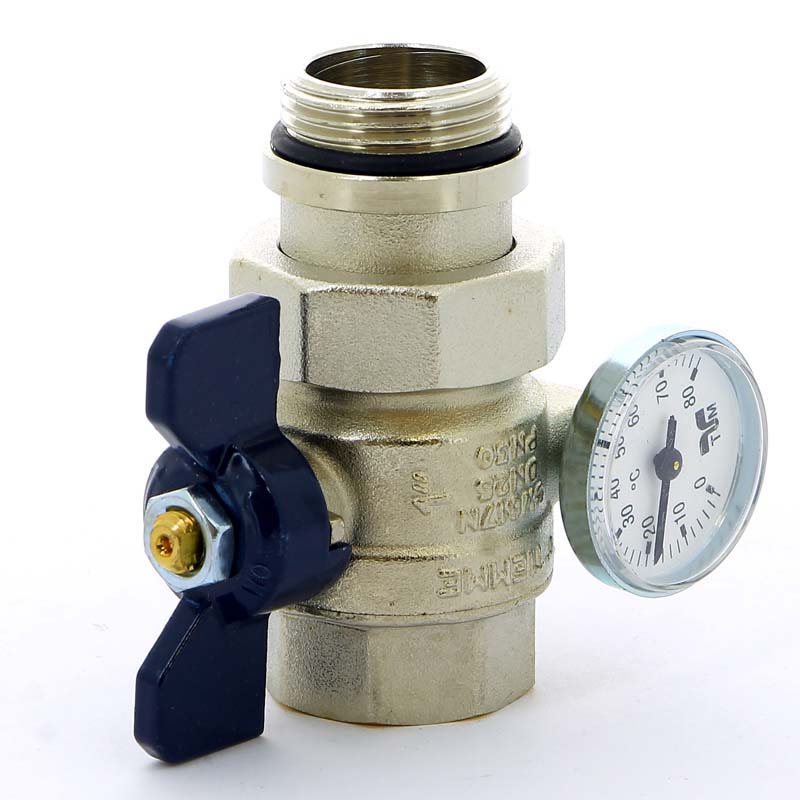 Кран шаровой НВ с разъемным соединением с термометром для коллектора TIEMME 1" бабочка синяя 2120042 - Вид №5