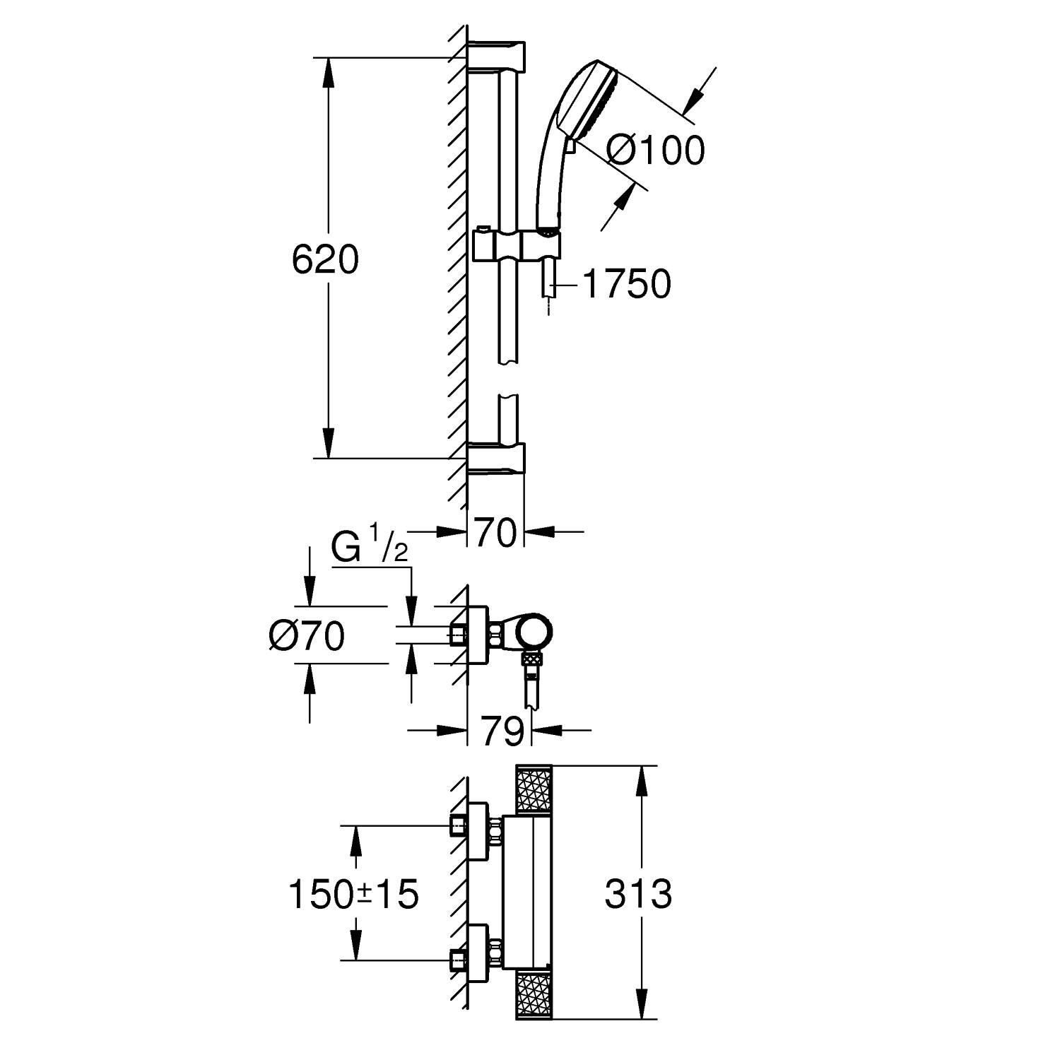 Термостат для душа GROHE Grohtherm 1000 Performance, внешний монтаж 1/2", хром + Душевой гарнитур Tempesta Cosmopolitan 100, 2 режима, душевая штанга 600 мм (34783000) - Вид №1